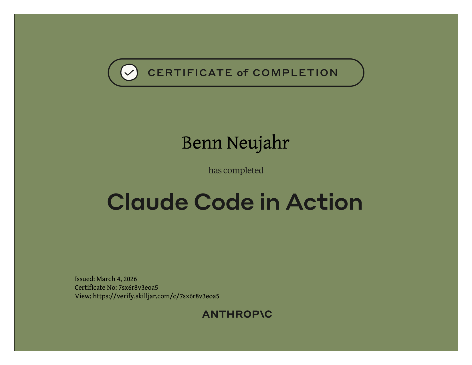 Zertifikat: Claude Code in Action – Anthropic